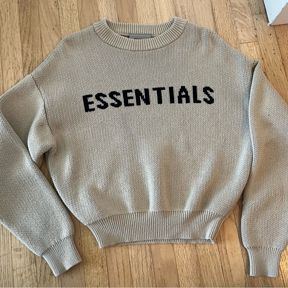 Essentials Tan Crew Neck Sweater with Bold Black Lettering